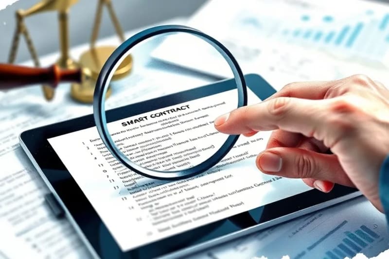 Auditoría de código de un contrato inteligente con lupa y documentos legales