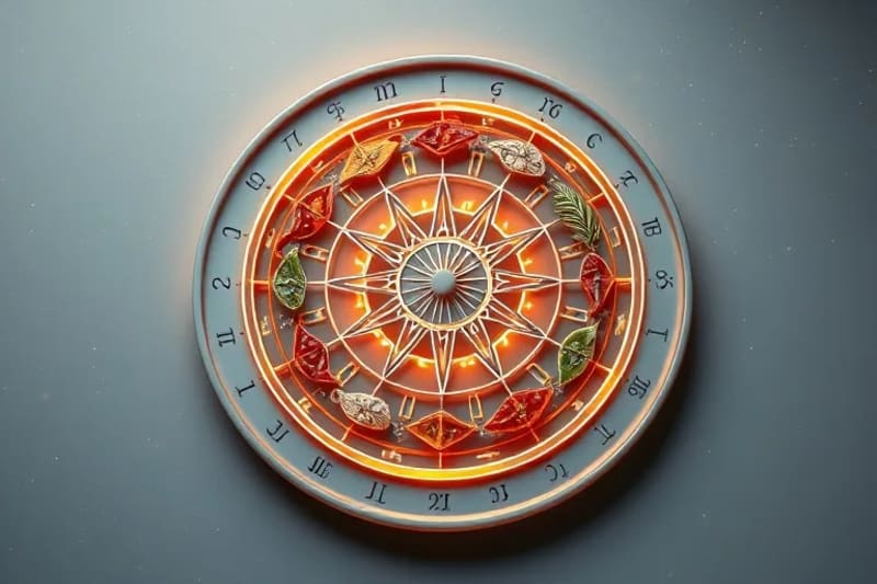 Representación 3D abstracta de la rueda zodiacal con símbolos elementales y pequeños elementos culinarios integrados.