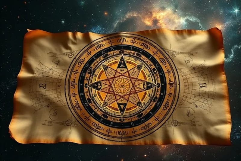 Antiguo pergamino con mapa celestial y líneas de árbol genealógico etéreas, simbolizando la herencia ancestral y los arquetipos zodiacales