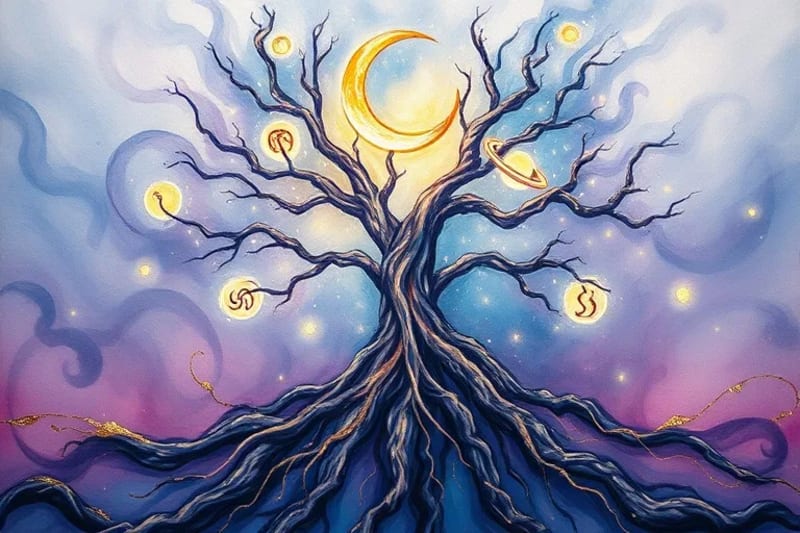 Pintura digital abstracta de raíces de árbol entrelazadas que se transforman en símbolos astrológicos luminosos, representando la sanación generacional.