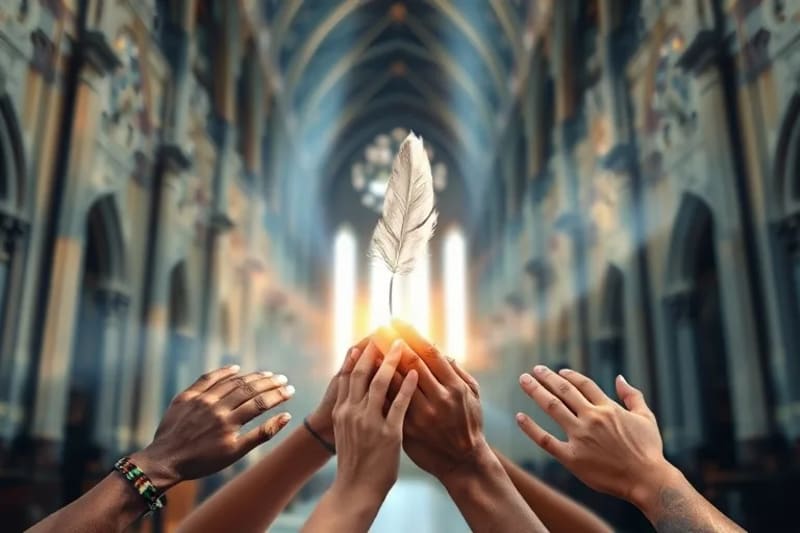 Manos de diversas etnias entrelazadas en un gesto de unidad, con una delicada pluma angelical brillante descendiendo suavemente sobre ellas. El fondo difuminado muestra símbolos globales de paz como palomas y ramas de olivo, evocando armonía y esperanza.