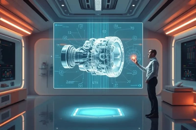 Representación holográfica de un motor complejo siendo manipulado por dos figuras colaborando en un espacio futurista.