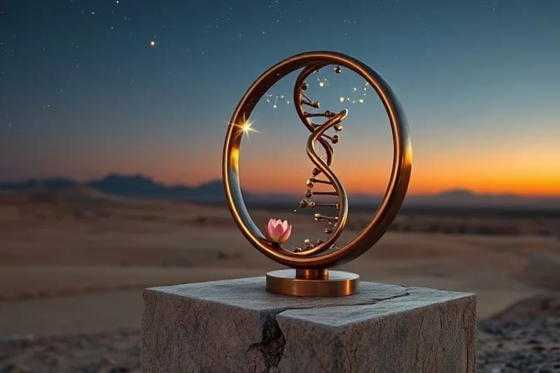 Escultura geométrica surrealista de ADN con constelaciones incrustadas, sobre un pedestal de piedra antigua con una flor de loto floreciendo, simbolizando la sanación de legados.
