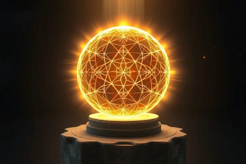 Una representación abstracta de energía divina que emana de un punto celestial, formando patrones geométricos luminosos que envuelven un globo terráqueo estilizado. Los patrones, compuestos de luz, simbolizan la armonía y la guía espiritual, sobre un fondo cósmico oscuro con sutiles nebulosas.