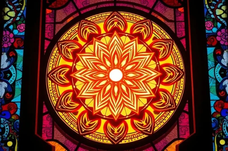 Intricate glowing mandala with celestial and Chinese knot patterns