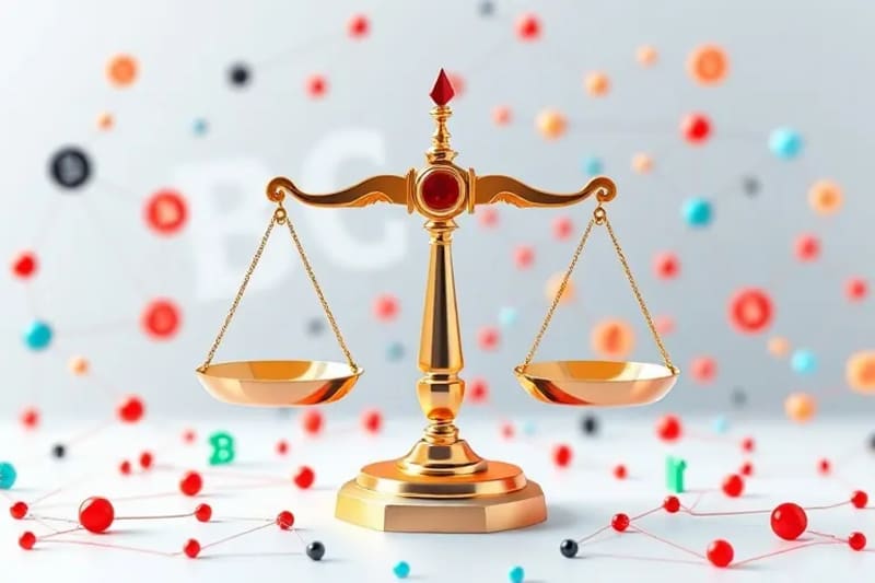 Balanza de la justicia con nodos de blockchain y símbolos de criptomonedas