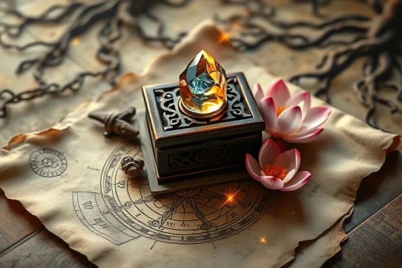 Objetos simbólicos de sanación en un pergamino antiguo: caja de madera, cristal brillante, flor de loto