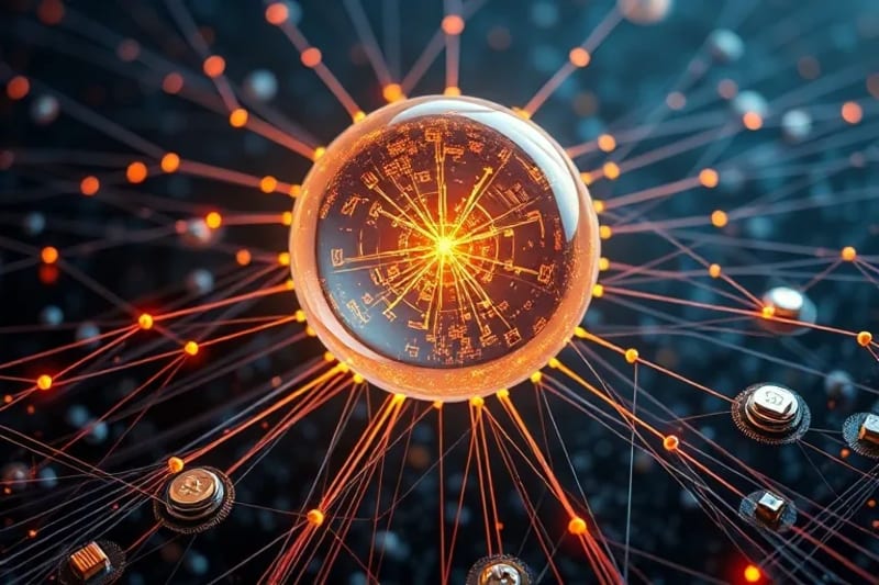 Esfera brillante que representa una DAO con red de nodos y símbolos de inversión