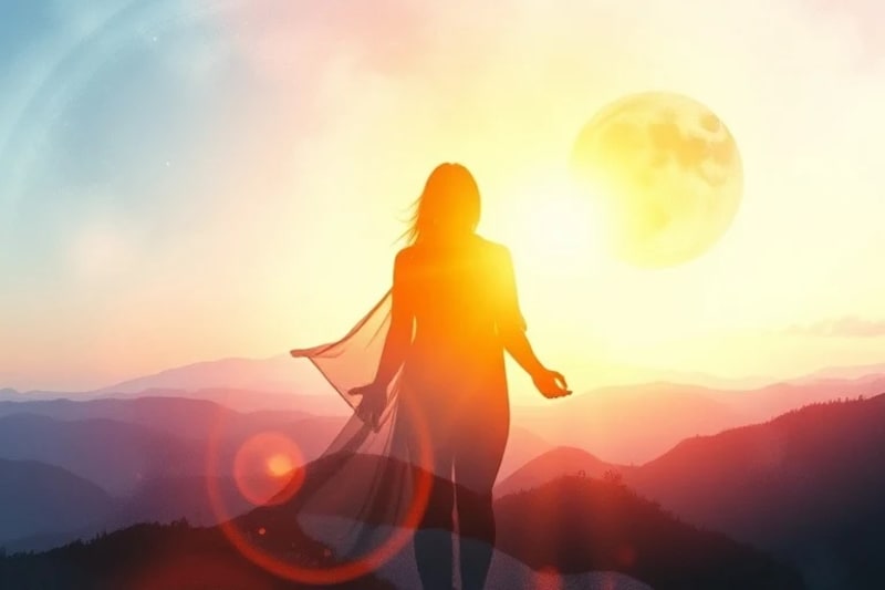 Silueta humana fusionándose con luz etérea, simbolizando la unión divina