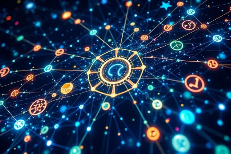 Red de nodos y líneas con símbolos astrológicos y digitales