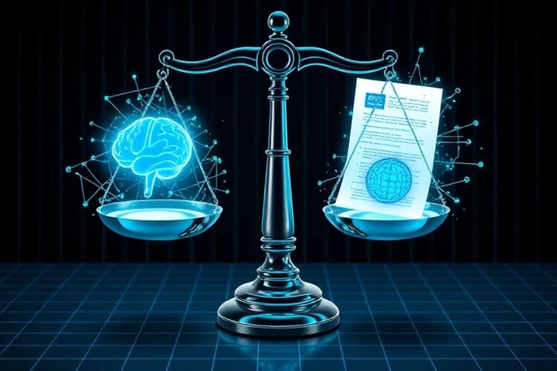 Vector art depicting scales of justice balancing a brain icon and binary code, with legal documents.