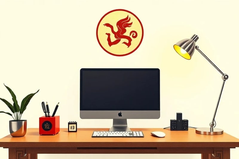 Stylized 3D render of a modern desk with career luck elements