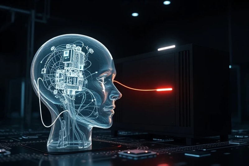 3D render of a transparent human head connected to a server, symbolizing consciousness upload.