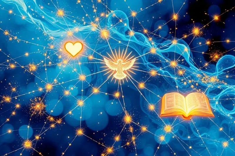 Representación abstracta y digital de una red de luz interconectada con una silueta de cruz o paloma en el centro, irradiando principios éticos como el equilibrio, el corazón y un libro abierto, usando colores brillantes y esperanzadores.