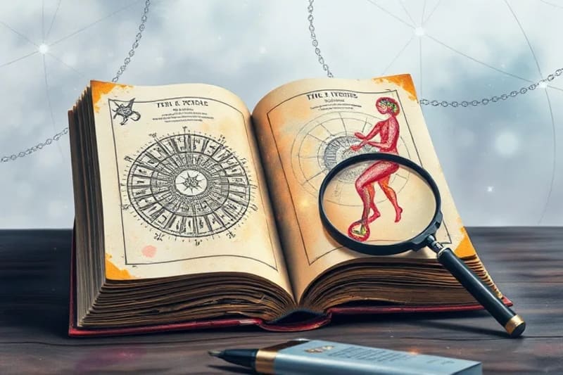 Libro antiguo con diagramas energéticos y ADN con aura