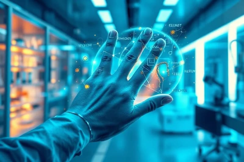 Hand with biometric sensors touching genetic display