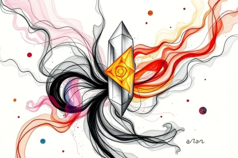 Composición abstracta de colores vibrantes fluyendo hacia una estructura cristalina que simboliza el genoma