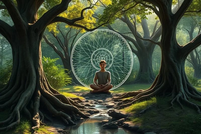 Person meditating in a serene urban park, surrounded by trees and a stream, with subtle energy vortices connecting them to the earth.