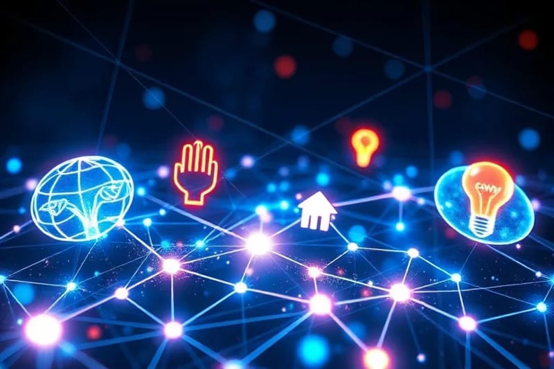 Render 3D de una plataforma digital interconectada con símbolos de impacto social y sostenibilidad