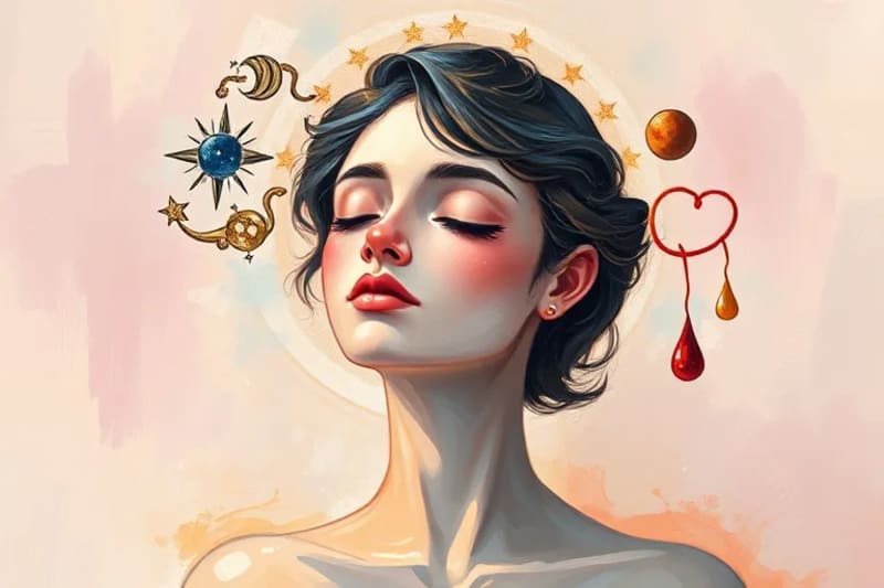 Figura humana serena meditando, rodeada de símbolos planetarios fluidos que representan el movimiento retrógrado y la paz interior.