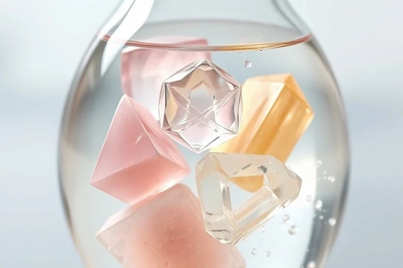 Close-up of clear crystals submerged in water within a glass decanter