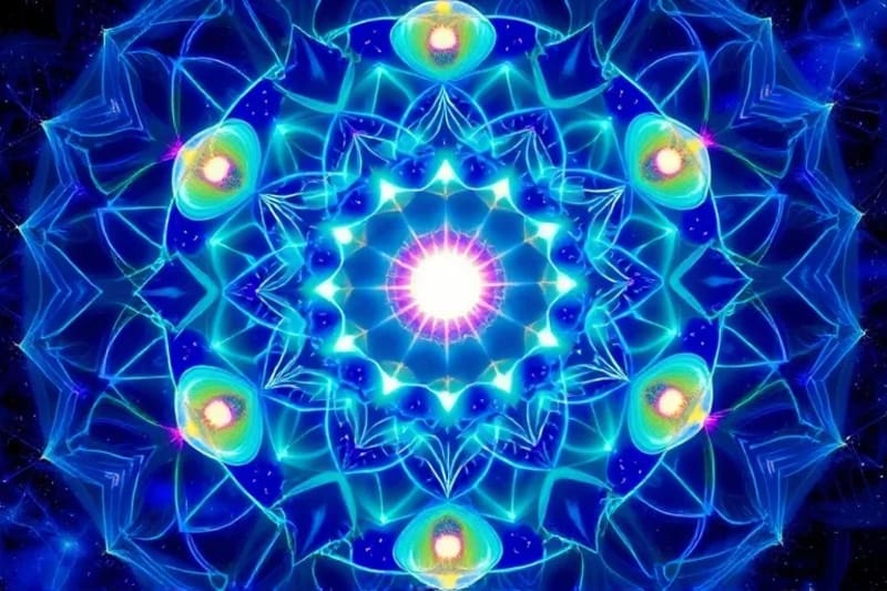 Abstract art depicting harmonious energy flow and crystal-like forms for healing