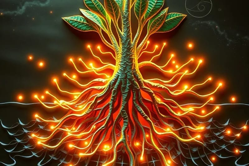Sección transversal hiperrealista de raíces de plantas con vías de energía luminosas y patrones de ondas cuánticas