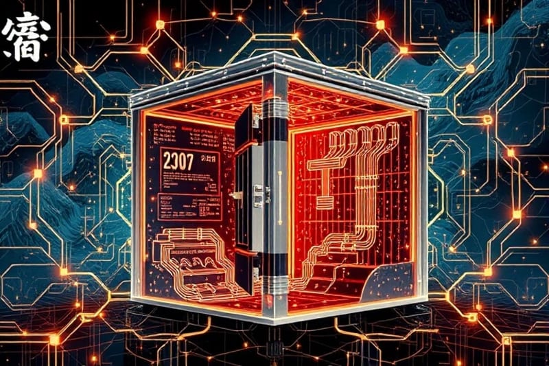Render 3D de un cubo digital seguro con datos brillantes interconectados