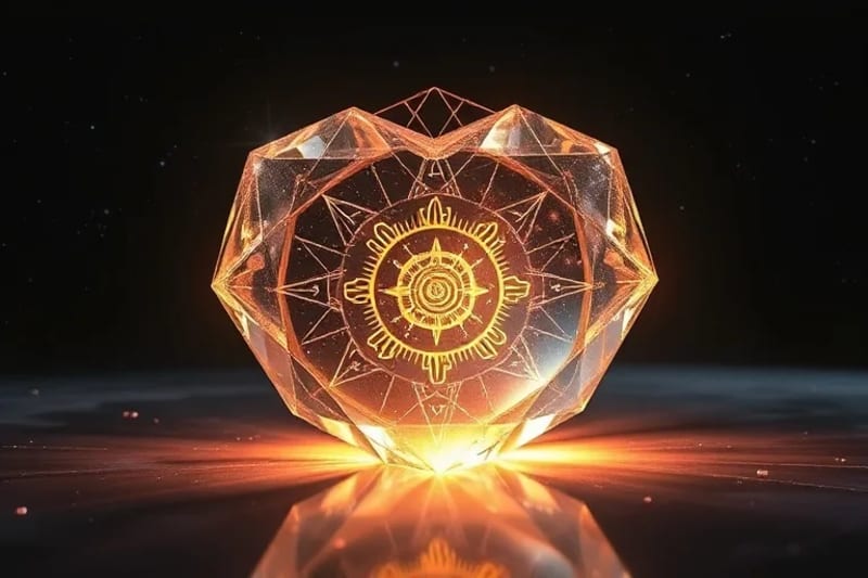Glowing heart-shaped crystalline structure with gears and astrological glyphs