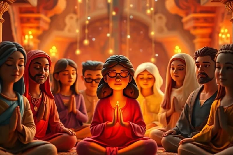 Grupo de avatares diversos conectados en una capilla virtual, simbolizando la comunidad espiritual en línea.