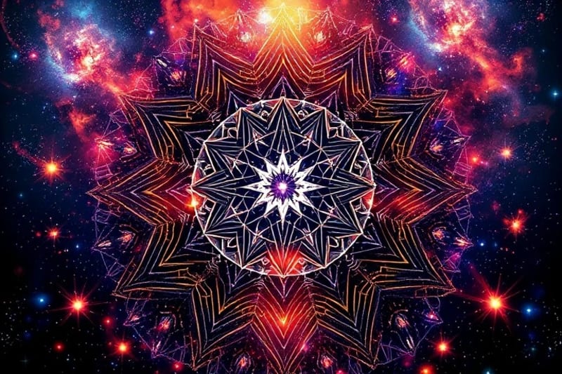 Pintura digital de conciencia humana expandiéndose en un tapiz cósmico con símbolos y nebulosas, sugiriendo un casco VR.