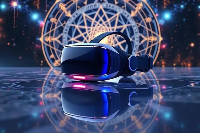 Render 3D de un casco VR futurista sobre una superficie reflectante, rodeado de proyecciones holográficas de cartas astrológicas.