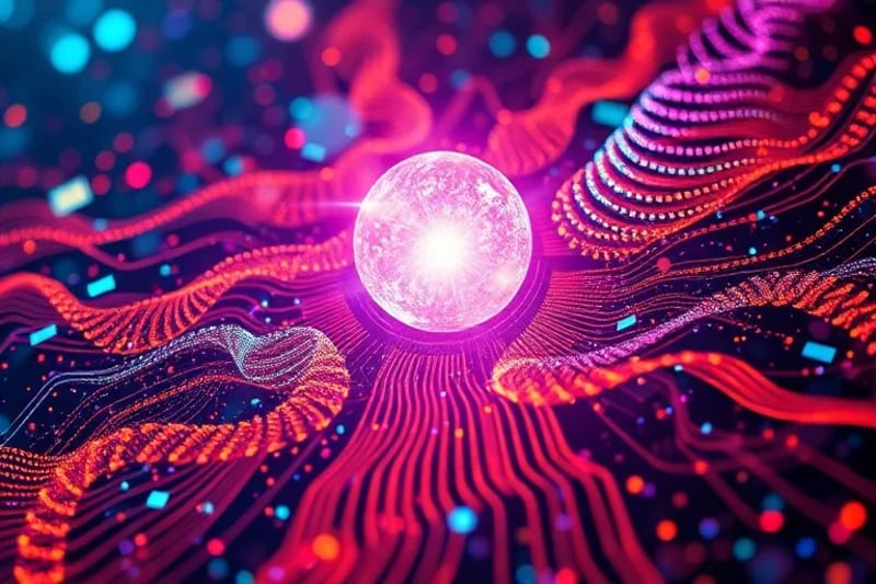 Visualización abstracta de flujos de Big Data convergiendo en un orbe central brillante, simbolizando la síntesis de información compleja.