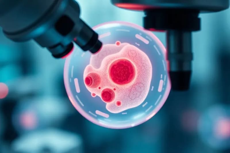 Primer plano de una célula humana siendo analizada por instrumentos robóticos microscópicos, con superposiciones digitales que muestran marcadores genéticos.
