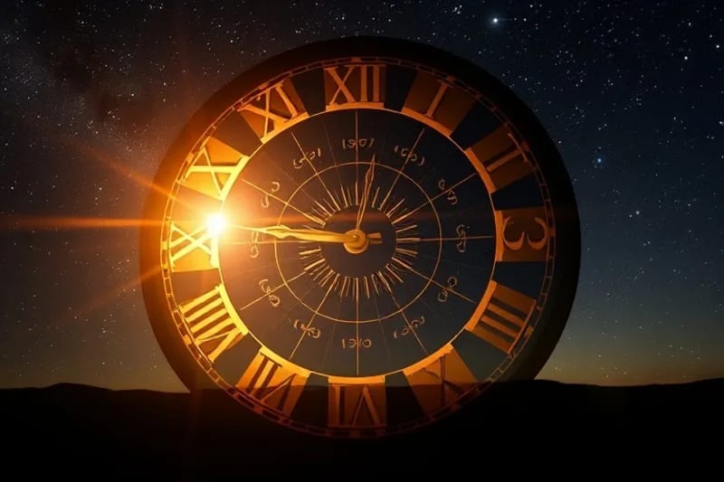 Ethereal clock face with astrological symbols, representing the annual solar return cycle and new beginnings.