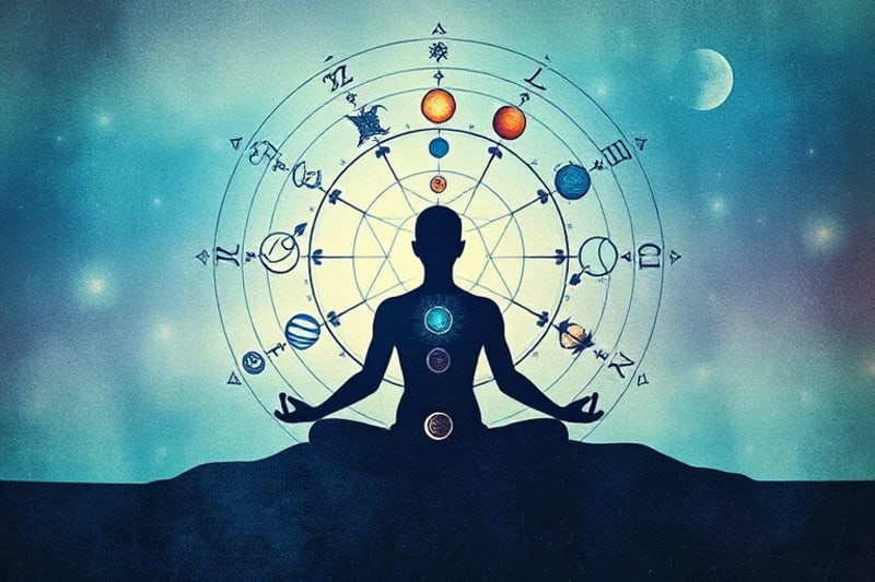 Stylized vector art of an astrological chart with a human figure, symbolizing the connection between cosmic energies and self-development.
