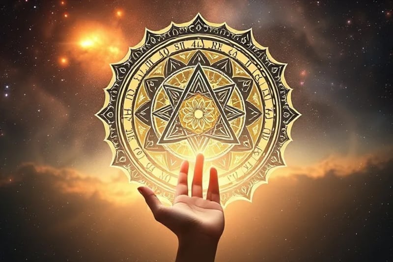Esfera celestial con símbolos astrológicos védicos y luz sanadora