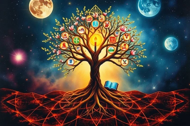 Oil painting of a vibrant blossoming tree with symbolic fruits of achievement, representing growth, manifestation, and fulfilled intentions.