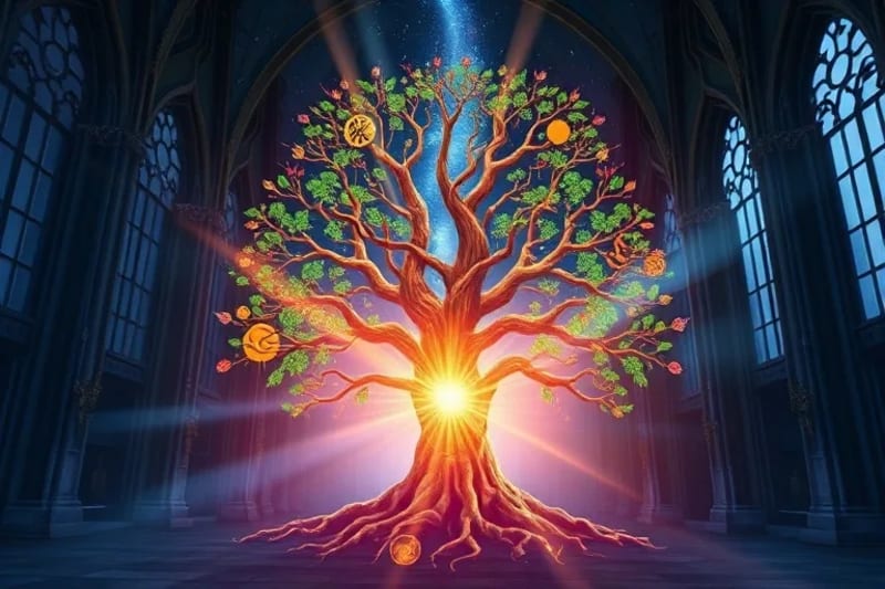 Árbol cósmico con símbolos indígenas, representando la interconexión de sabidurías ancestrales.