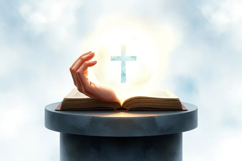 Mano estilizada sosteniendo un orbe brillante con un símbolo de cruz, representando discernimiento espiritual.