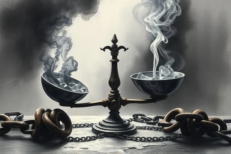 Conceptual still life of broken chains and glowing crystals, symbolizing karmic healing