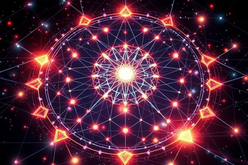 Abstract 3D render of interconnected geometric patterns and luminous pathways