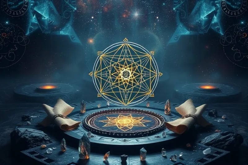 Sacred geometric symbols on an altar, representing ancient wisdom and energetic patterns for manifestation