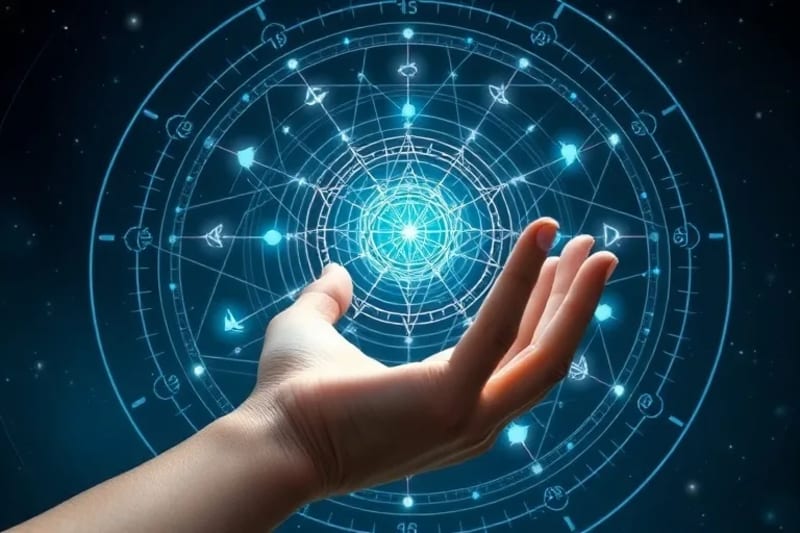 Representación minimalista de una mano interactuando con una interfaz holográfica que muestra figuras geománticas como nodos luminosos en una red digital.