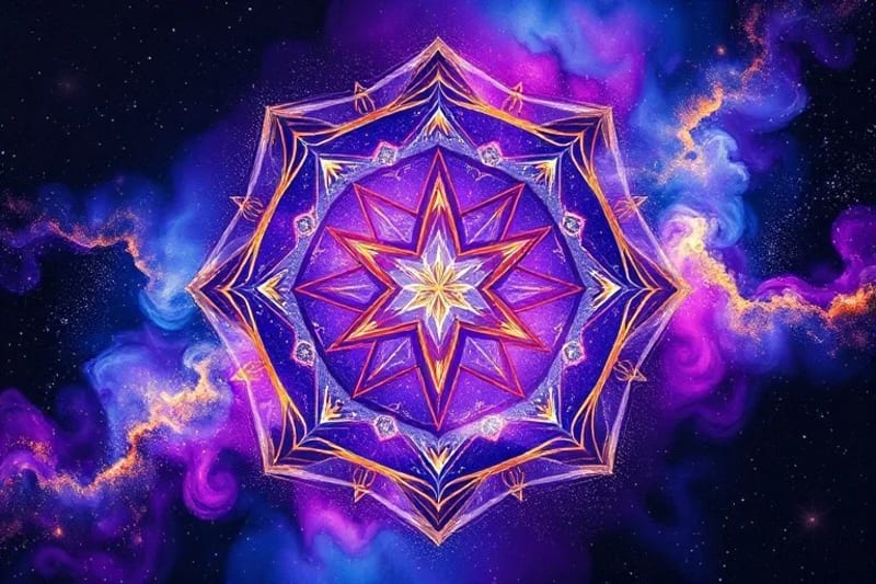 Abstract watercolor painting with swirling colors representing energetic frequencies and cosmic alignment