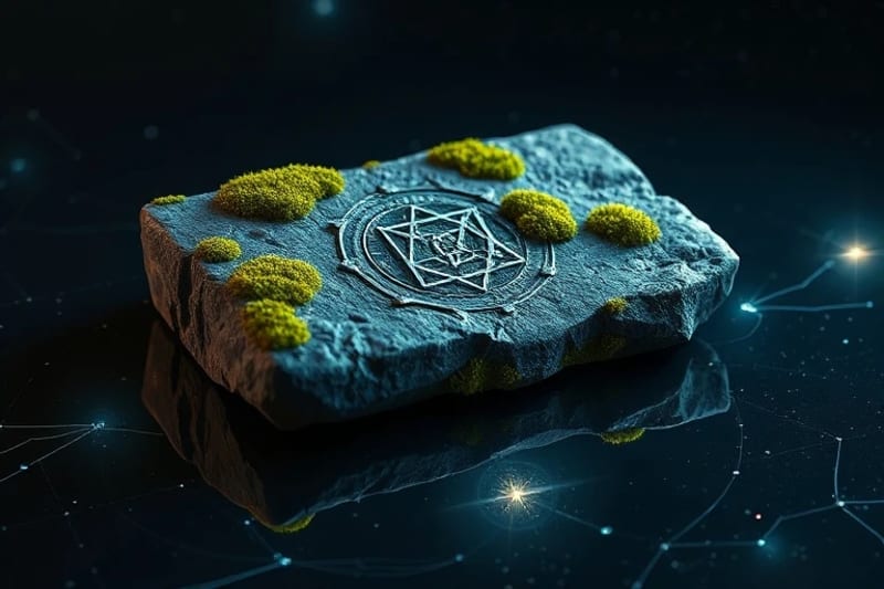 Bodegón conceptual de tabletas geománticas antiguas y chips de datos futuristas, simbolizando la unión de la sabiduría ancestral y la tecnología avanzada.