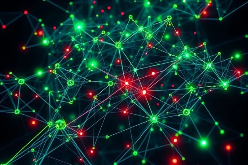 Red abstracta de nodos y líneas representando la causalidad en IA, con puntos rojos de responsabilidad.