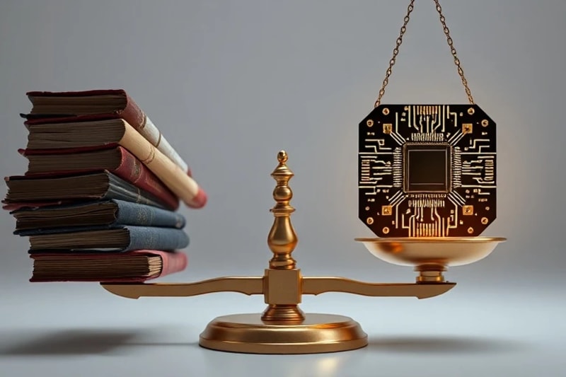 Balanza de la justicia con libros de leyes en un lado y un chip de IA en el otro.