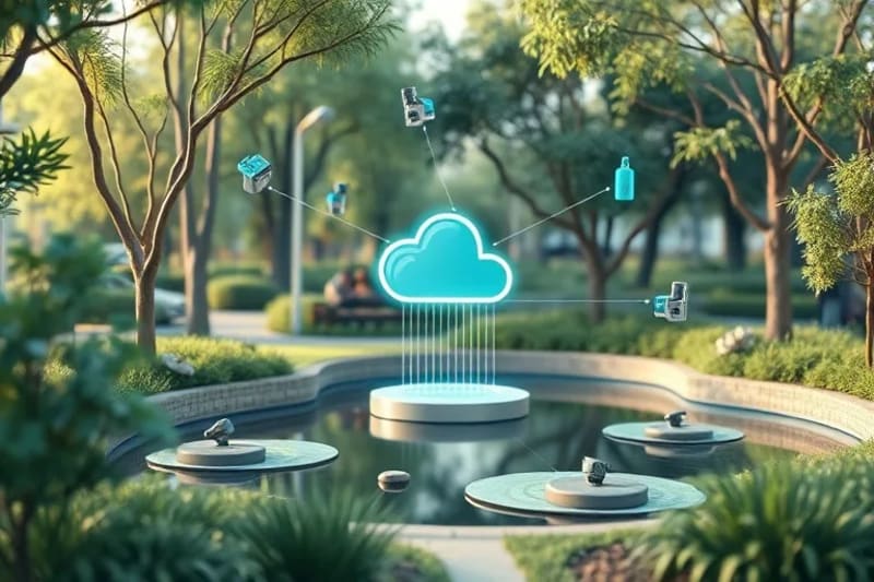 Ilustración vectorial de sensores IoT en un parque urbano, monitoreando árboles y agua