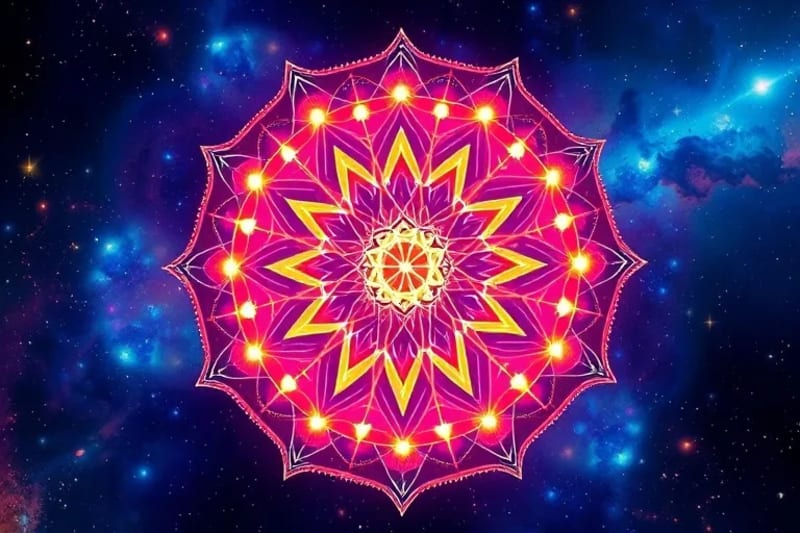 Ilustración vibrante de la Flor de la Vida con los siete chakras integrados como orbes luminosos de colores.